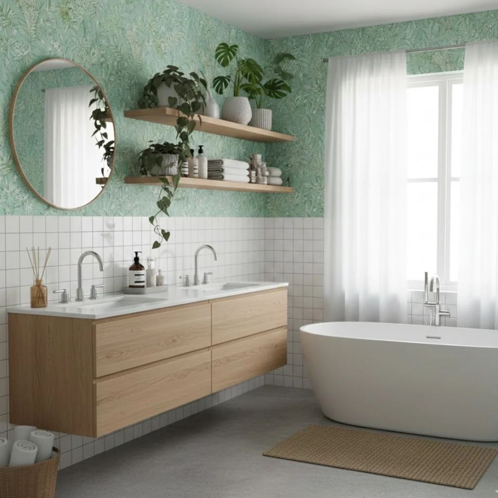 Room with green ombre wallpaper blending light to dark shades, minimalist furniture, and contemporary decor.