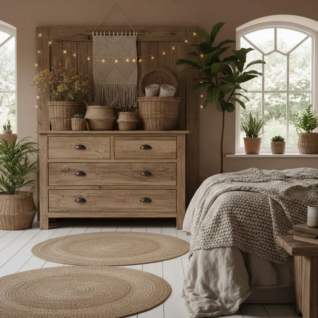 Rustic wooden dresser in an earthy cottage bedroom