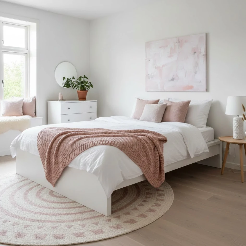 Scandinavian pink and white bedroom with minimal decor and soft tones
