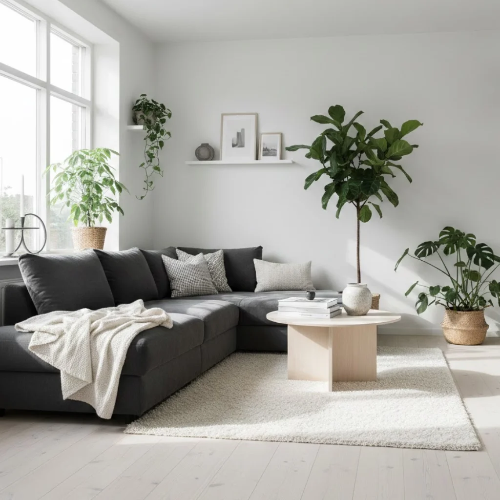 Scandinavian white living room with light wood, neutral furniture, and cozy textures.