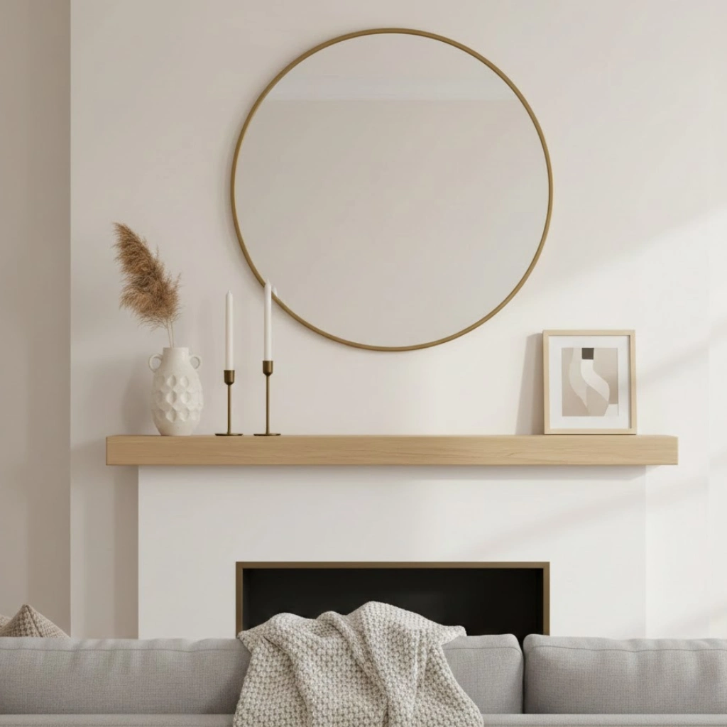 Simple mantel decorating ideas with minimalist decor including a vase, candles, and framed art in a cozy living room.