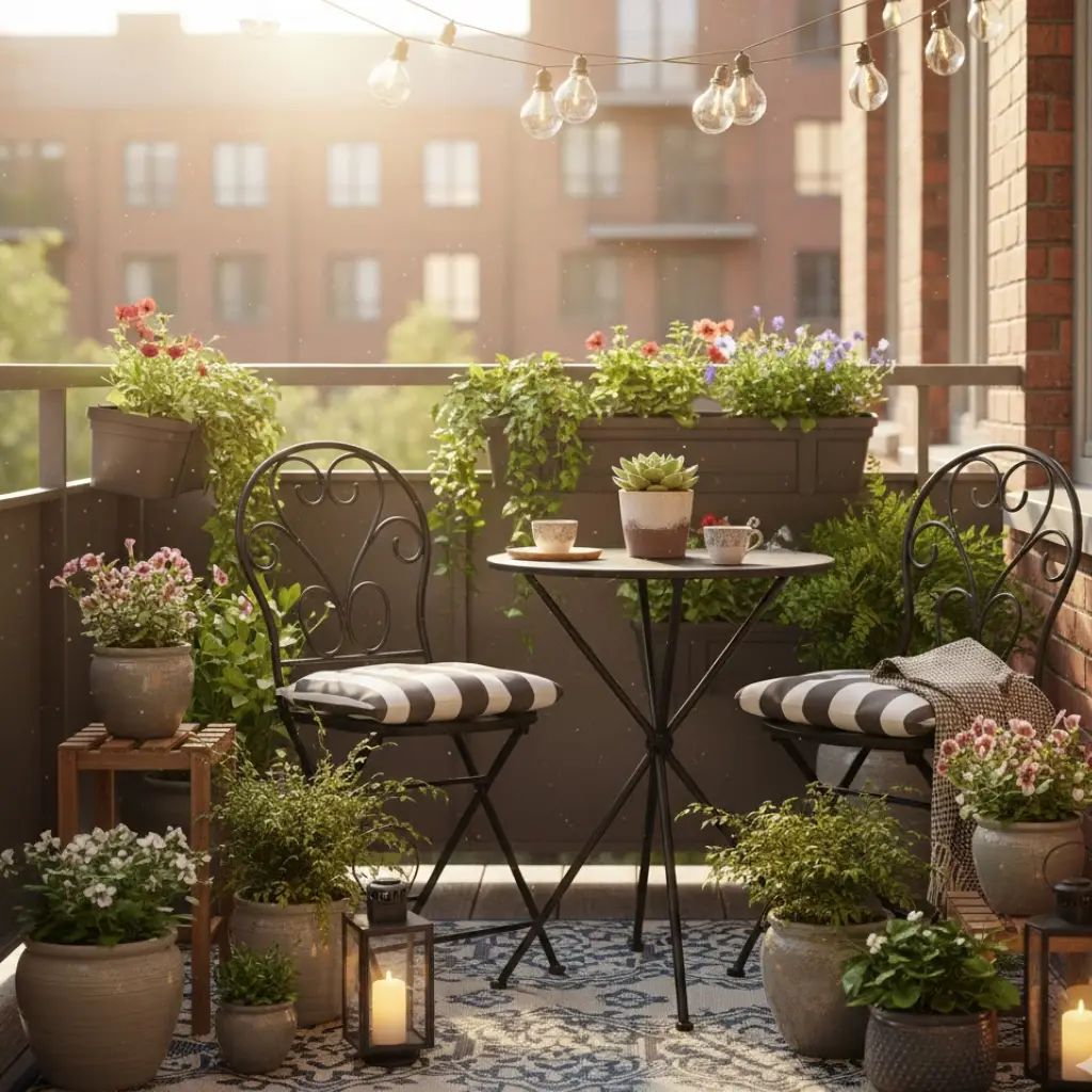 Small apartment balcony with a bistro table, chairs, and plants, showcasing a cozy and thoughtfully designed balcony theme