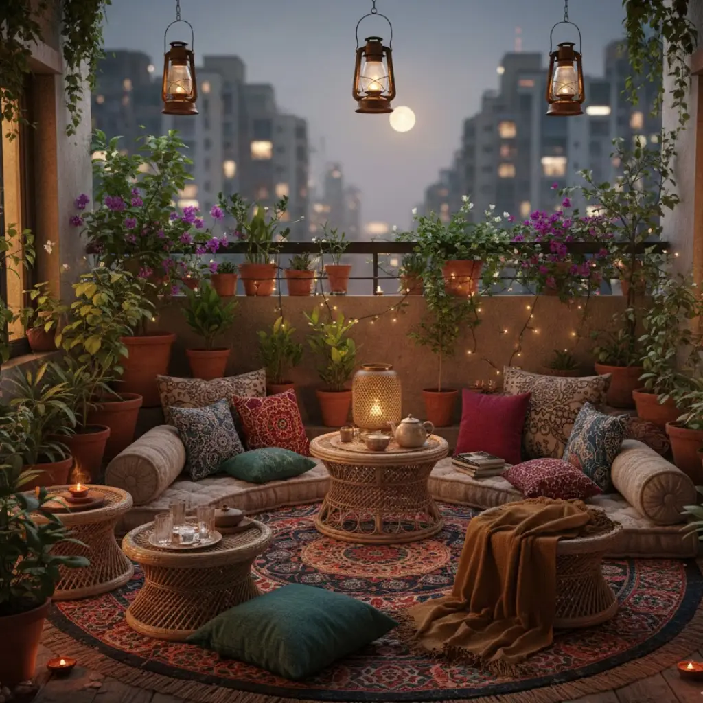Small balcony design ideas India with floor seating, cane furniture, and warm traditional decor