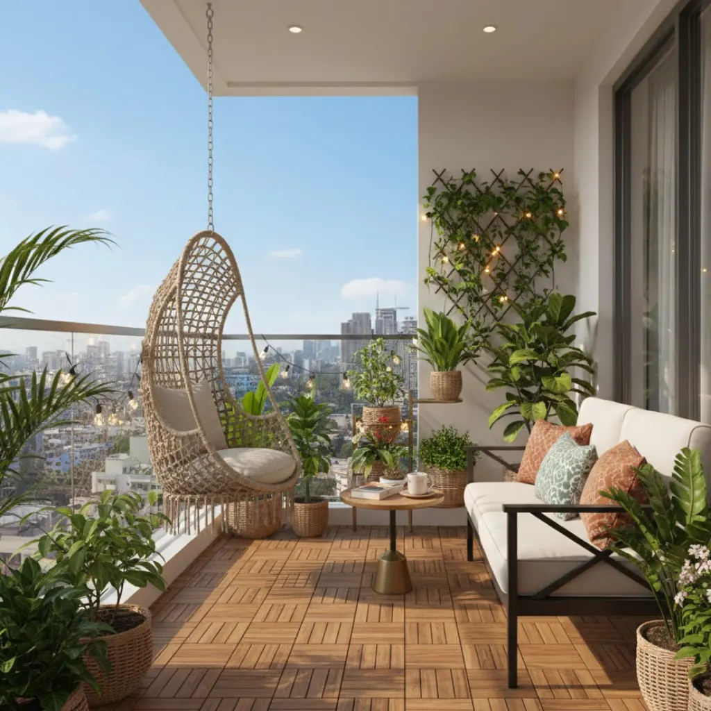 Small balcony design ideas for apartments featuring modern space-saving furniture, greenery, and cozy decor