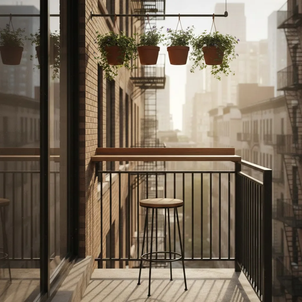 Small balcony design ideas window style with slim railing table and hanging plants