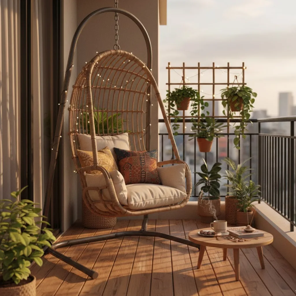 Small balcony design ideas with swing for apartments featuring compact hanging seating