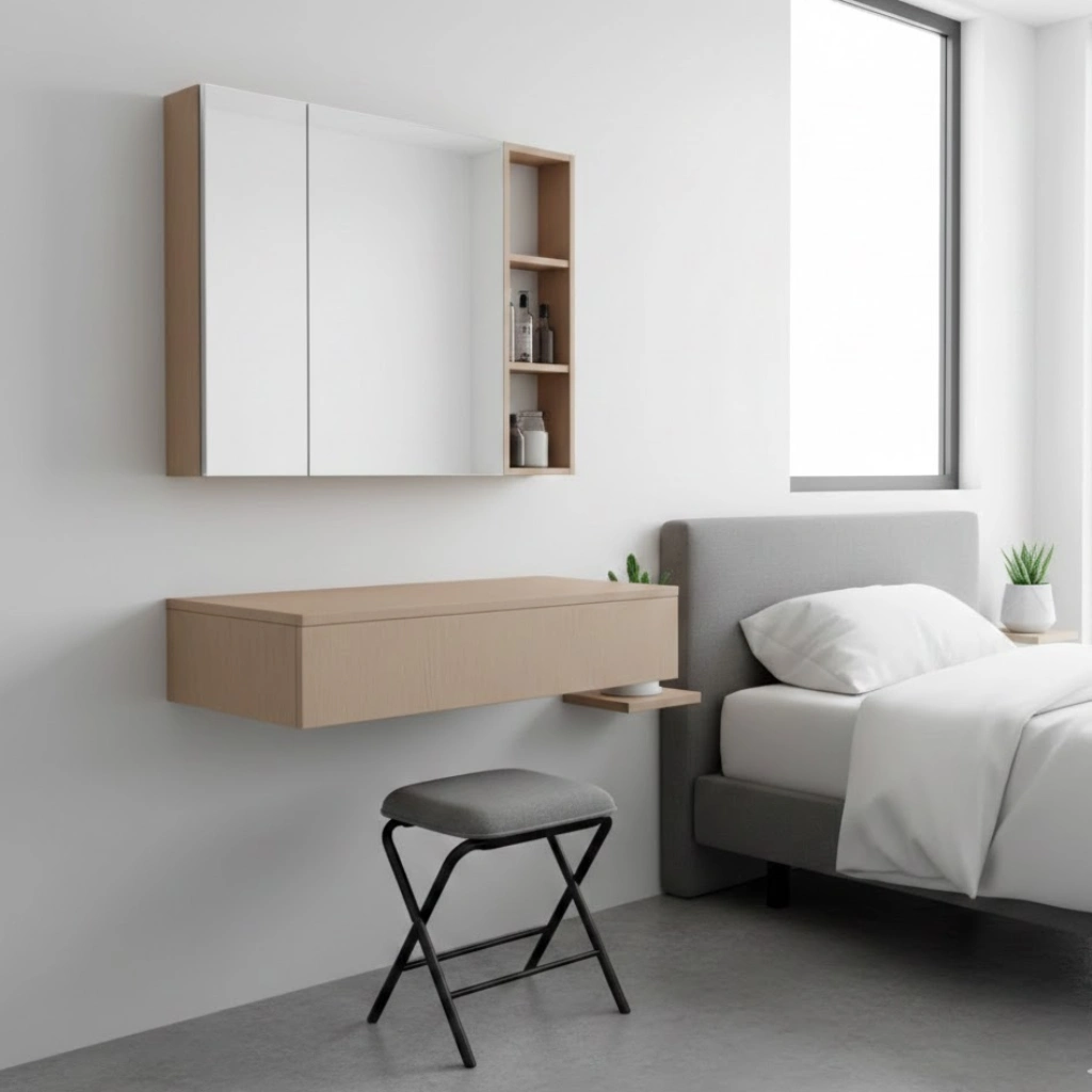 Small bedroom vanity with wall-mounted table, slim foldable stool, and mirror cabinet for organized, space-saving design