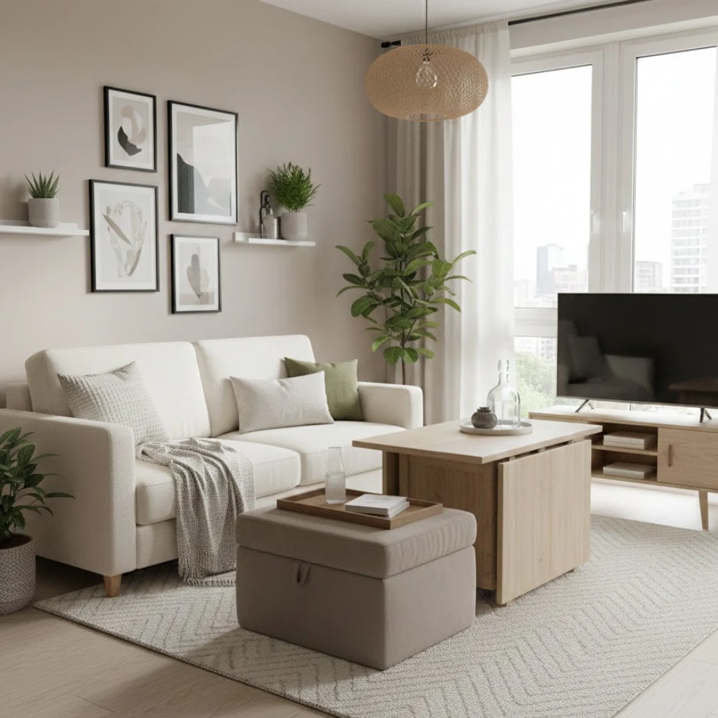 Small chic living room with multi-functional furniture including storage ottoman, sofa bed, and expandable coffee table.