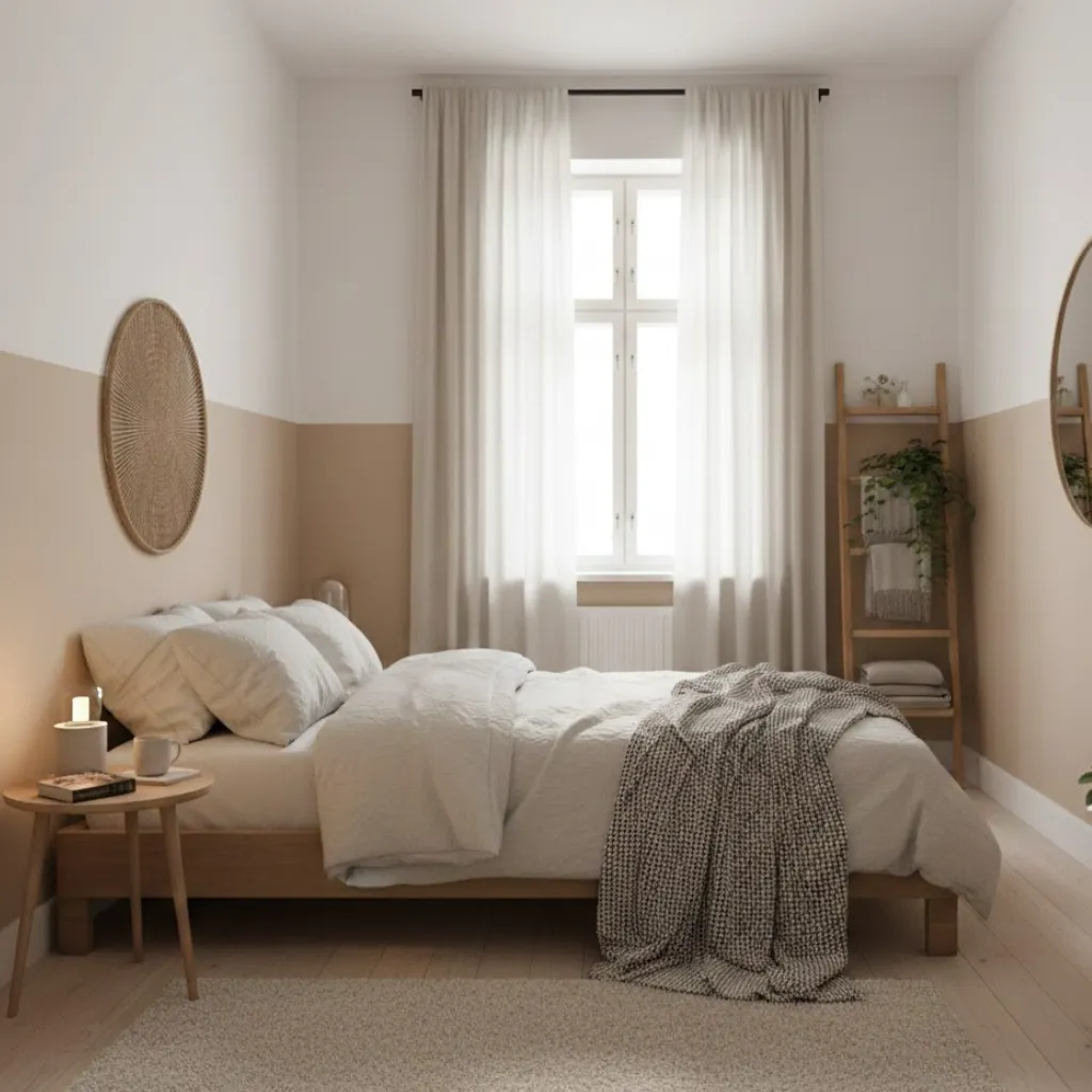 Small cozy bedroom with warm neutral colors and soft lighting