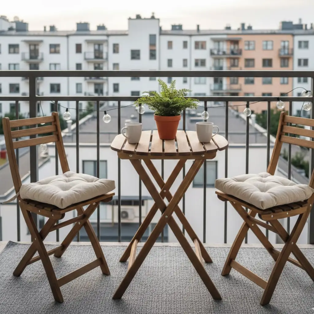 Small foldable bistro table and chairs on a balcony with cushions and a plant, ideal for compact spaces.