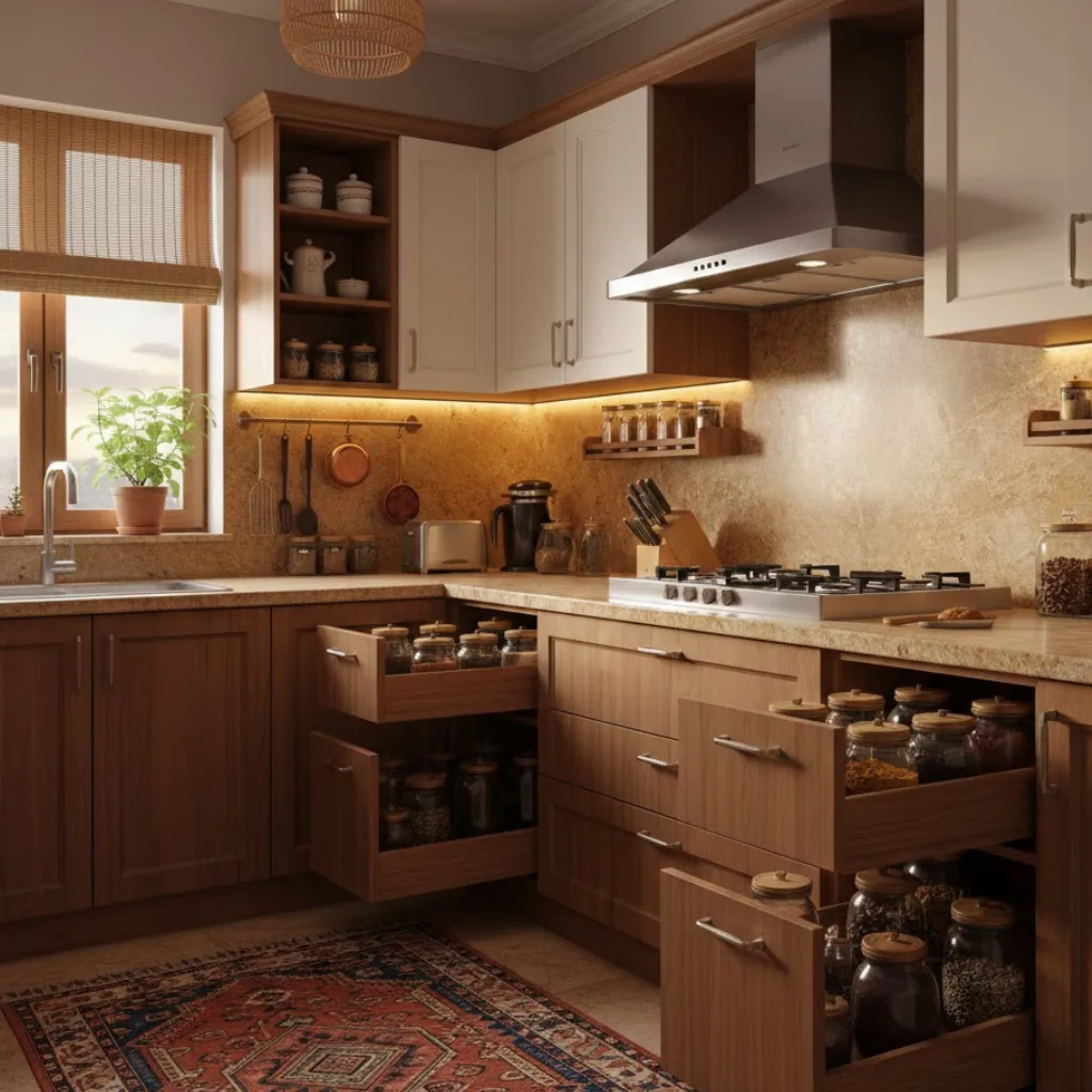 Small kitchen ideas Indian style with modular storage, spice racks, and efficient ventilation (1)