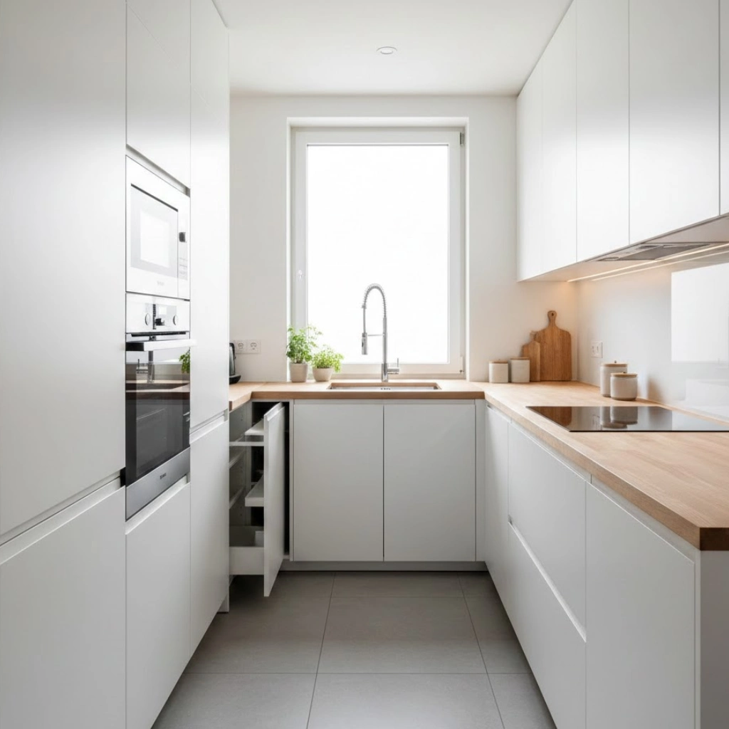 Small kitchen ideas layout featuring a smart galley kitchen with efficient work triangle and space-saving design