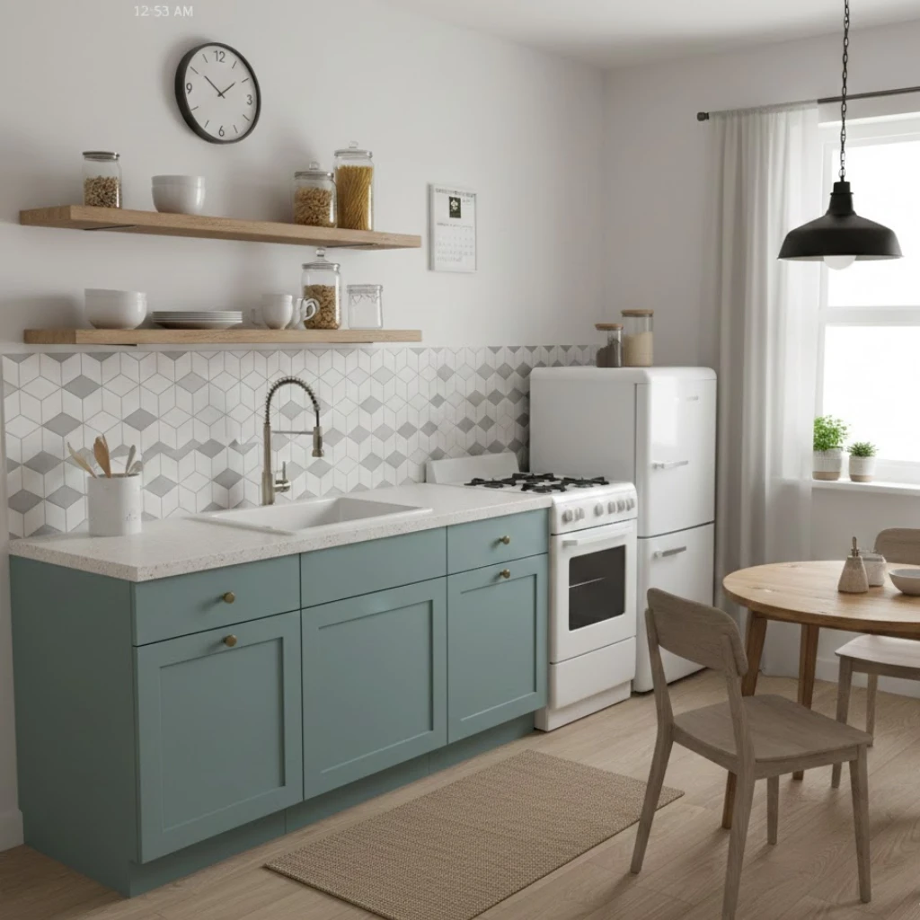 Small kitchen ideas on a budget using open shelves, painted cabinets, and affordable decor upgrades