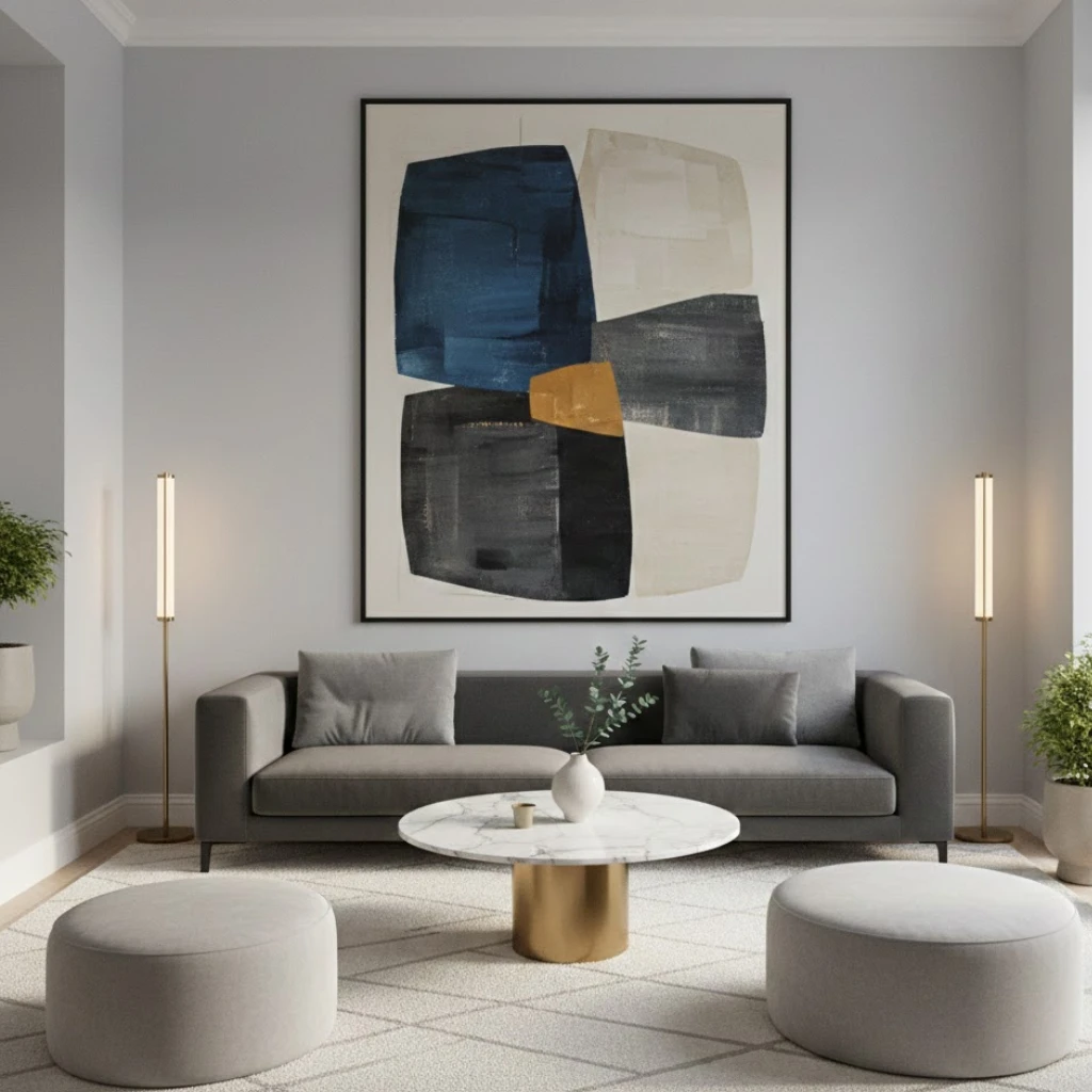 Small living room decor featuring correctly scaled wall art