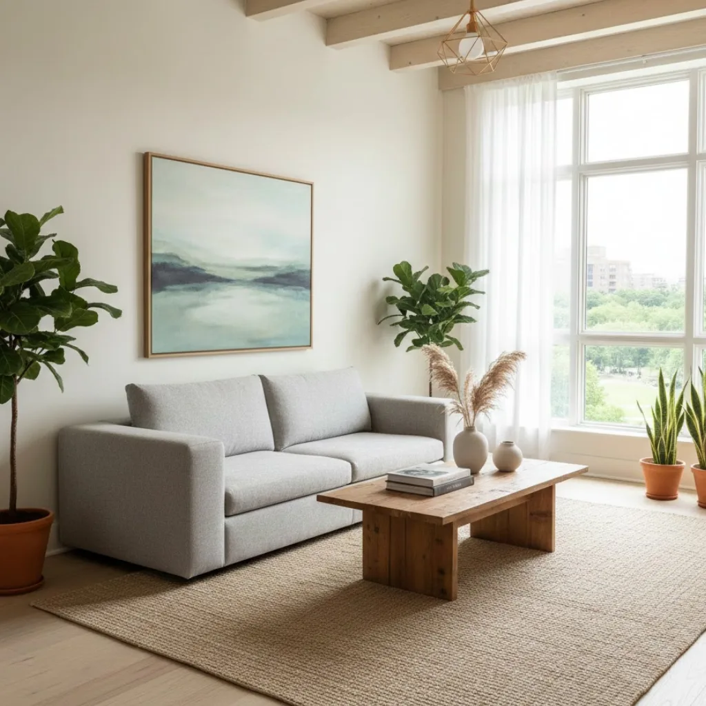 Small living room decor featuring low-profile furniture for visual height