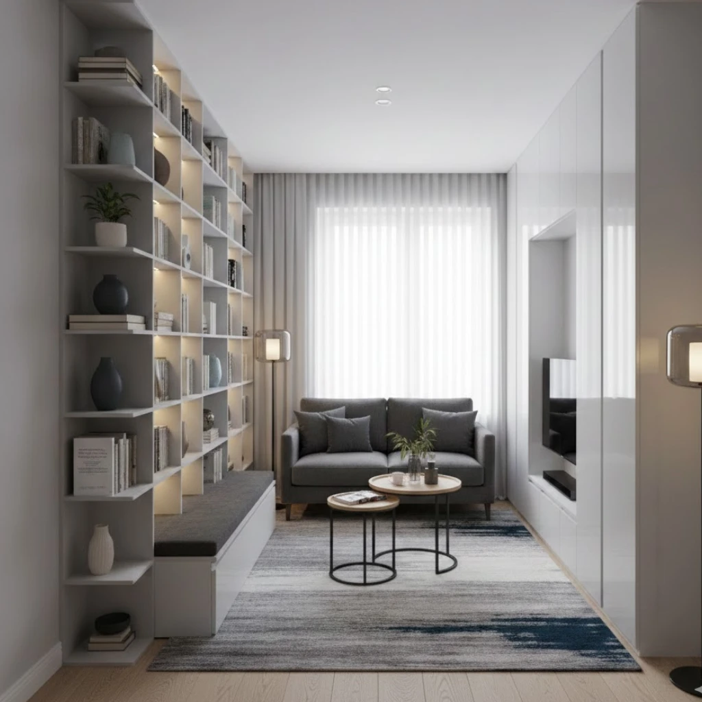 Small living room decor featuring vertical storage solutions for maximum space