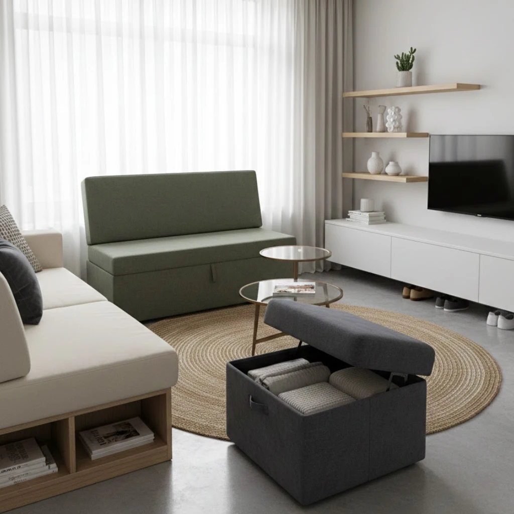 Small living room decor idea featuring hidden storage solutions