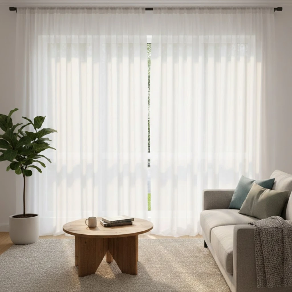 Small living room decor idea using high-hung curtains for taller ceiling illusion