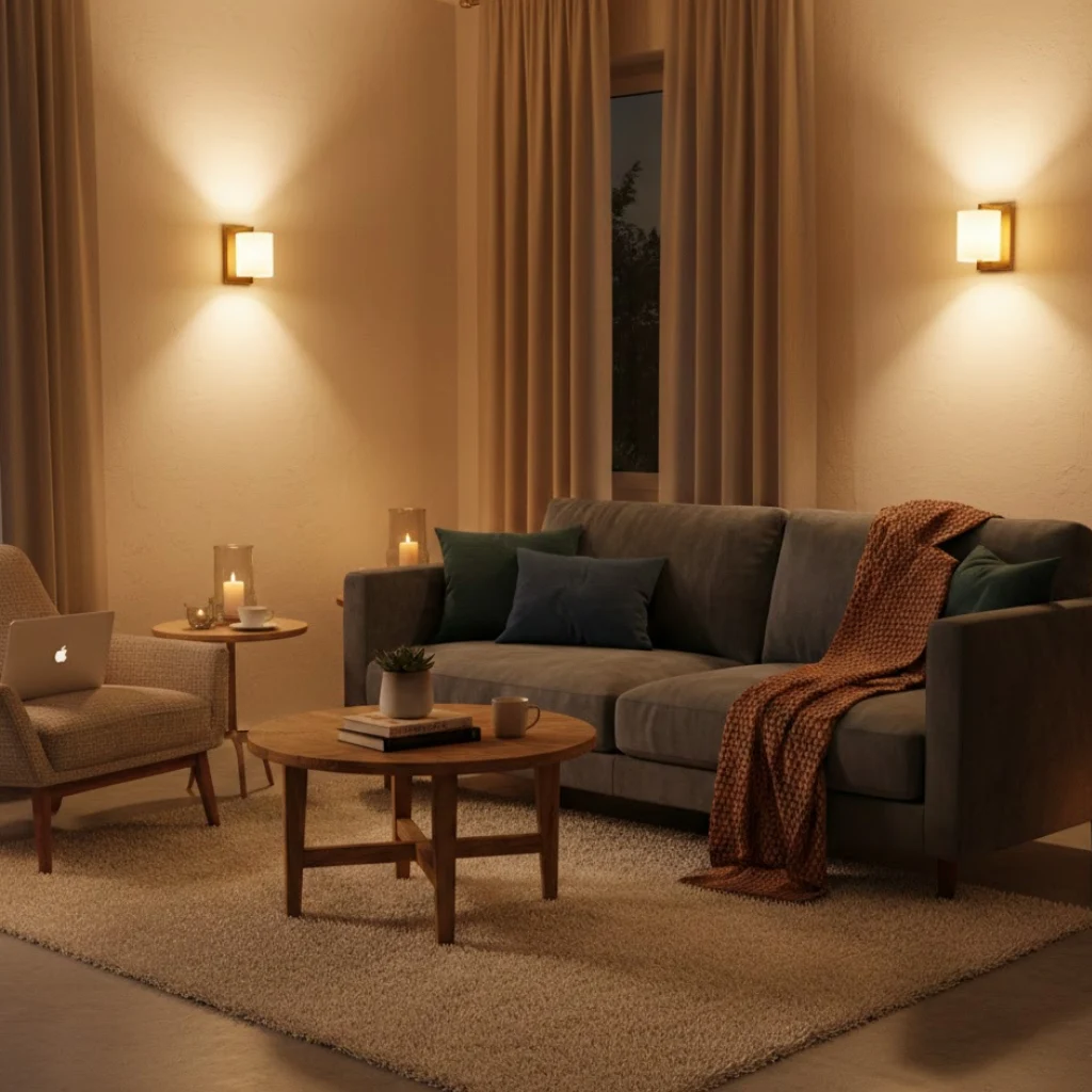 Small living room decor idea using wall sconces instead of floor lamps