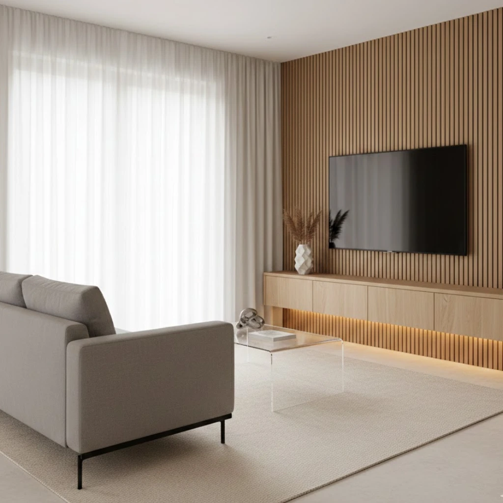 Small living room decor idea with wall-mounted TV to save floor space