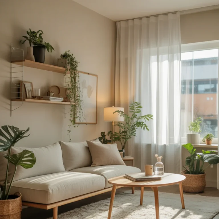 Small living room decor ideas featuring a modern cozy space with neutral colors, compact furniture, natural light, and smart storage solutions
