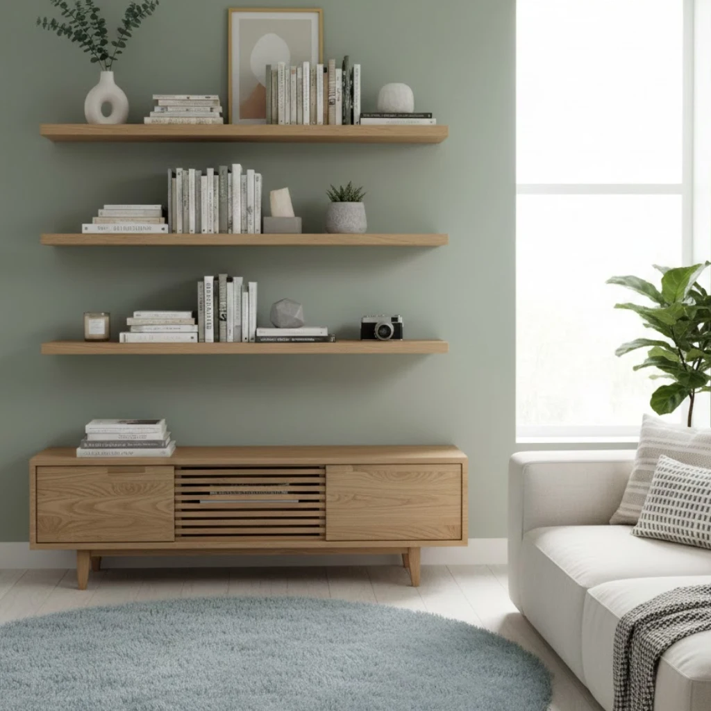 Small living room decor using floating shelves for clutter-free styling