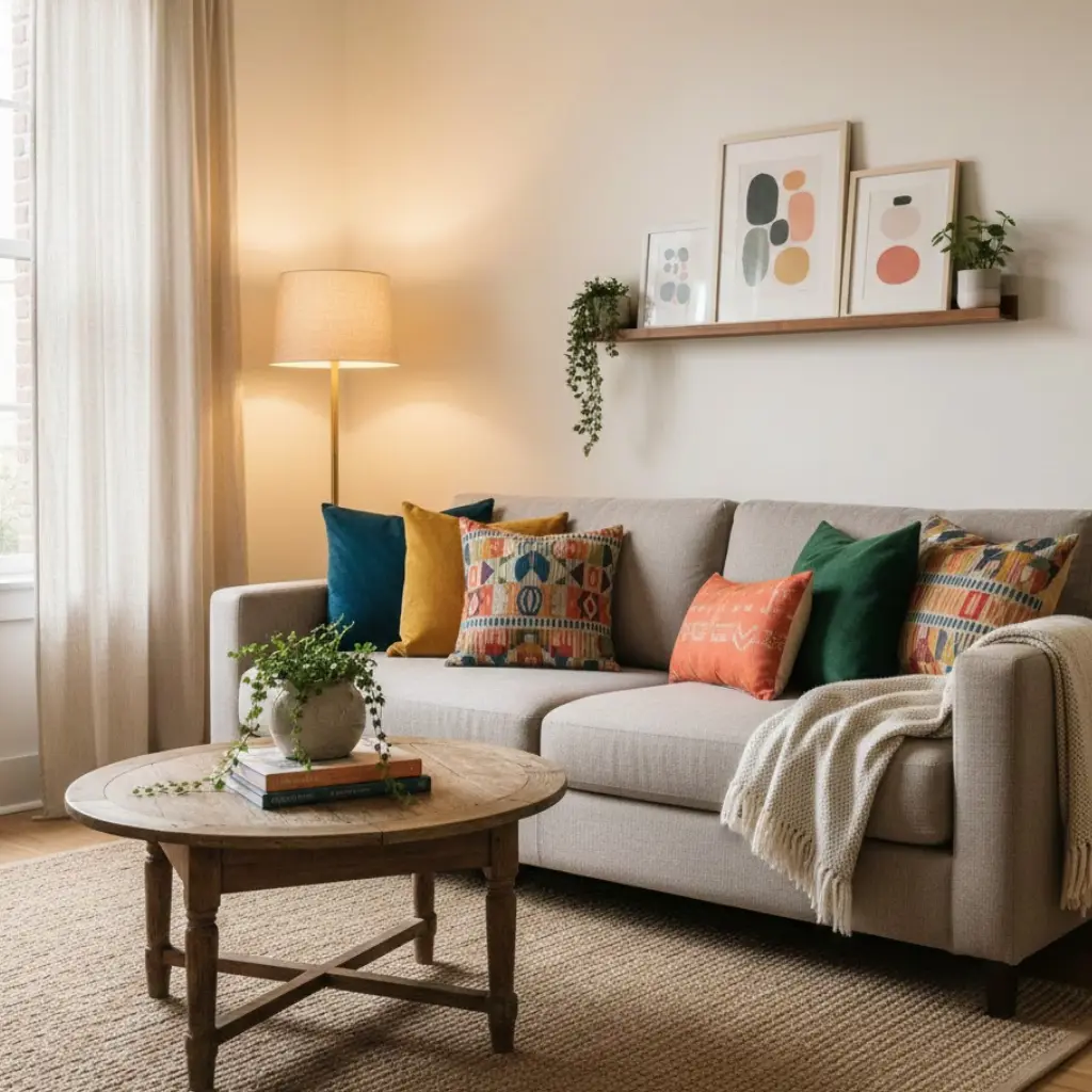 Small living room decor using neutral furniture and bold accessories