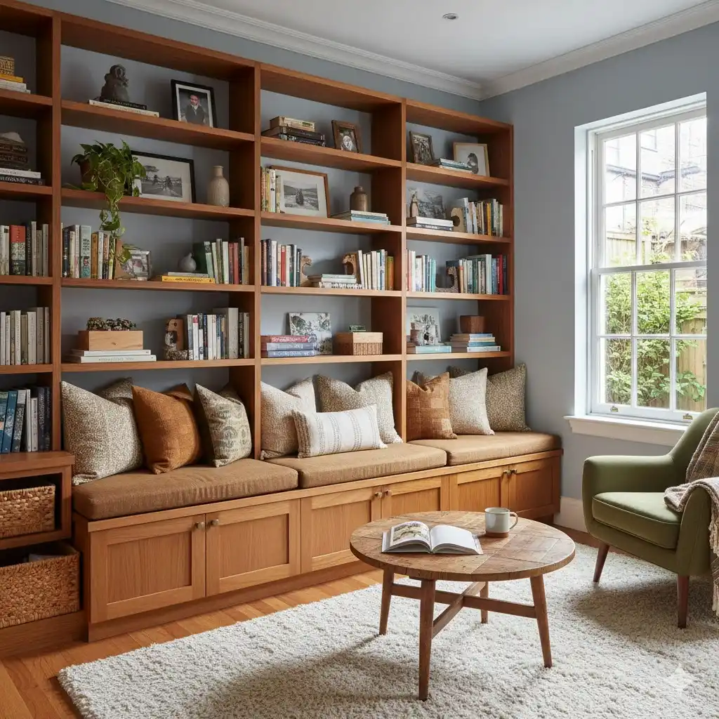 Small living room decor with built-in storage for a clean look