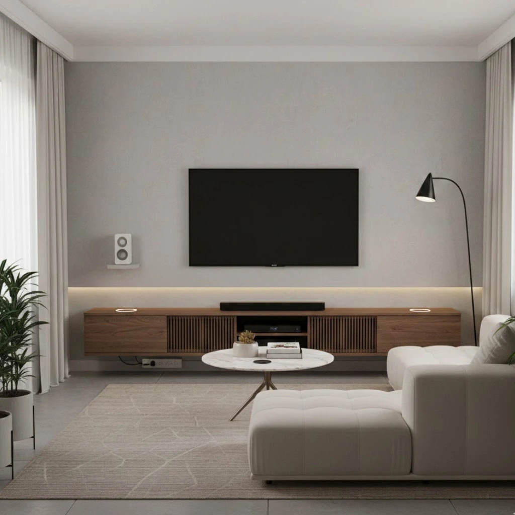 Small living room decor with clean and minimal technology setup