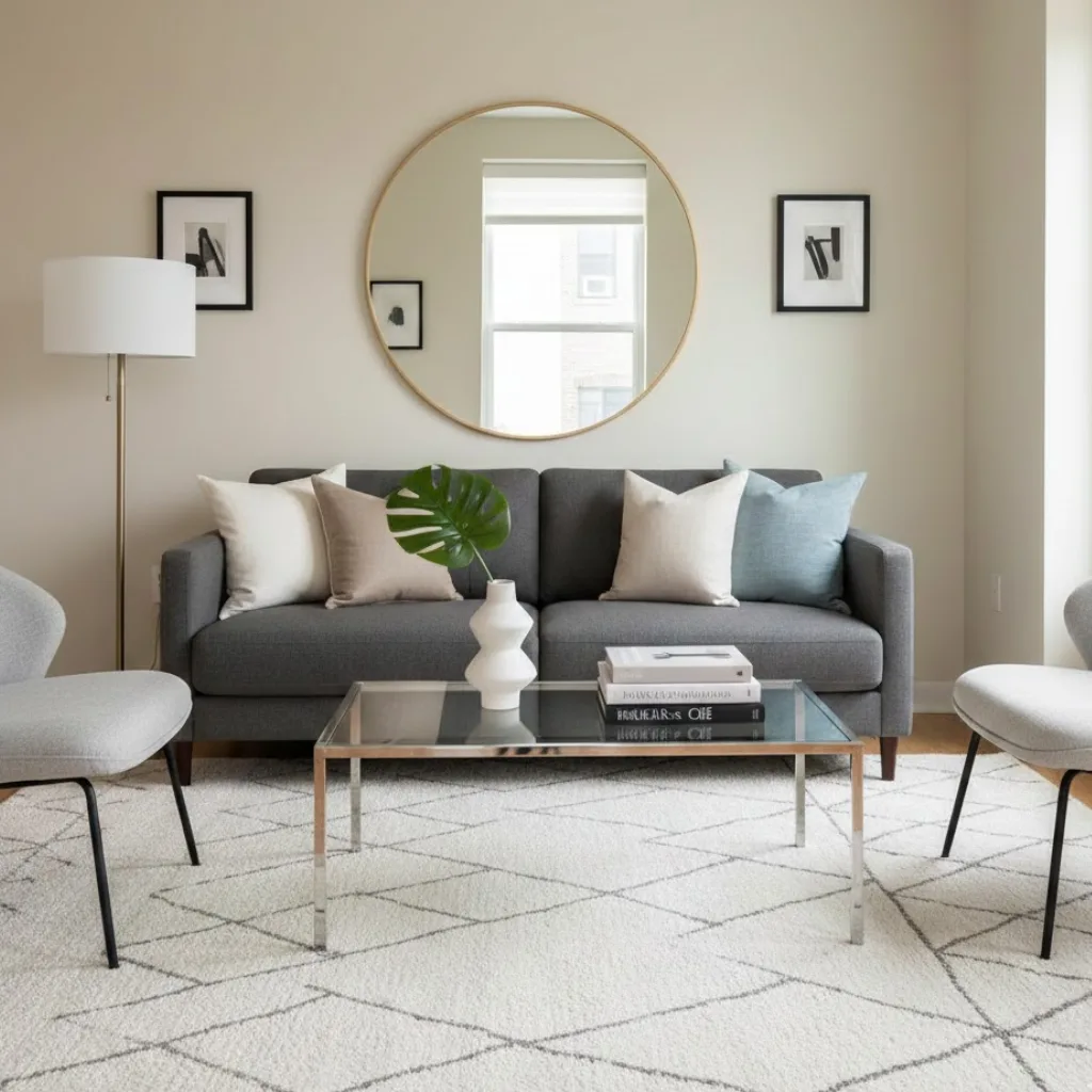 Small living room decor with glass coffee table to maintain an open and light feel