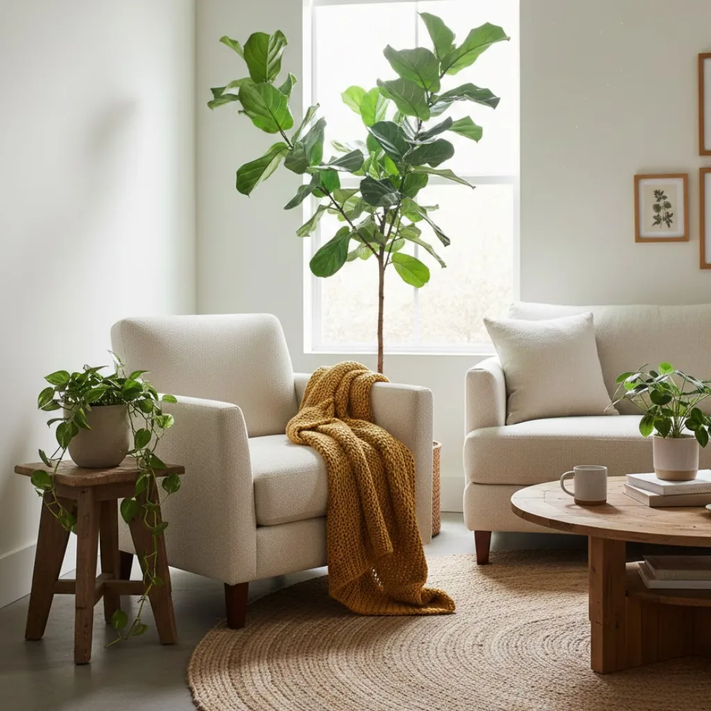 Small living room decor with indoor plants for warmth and freshness