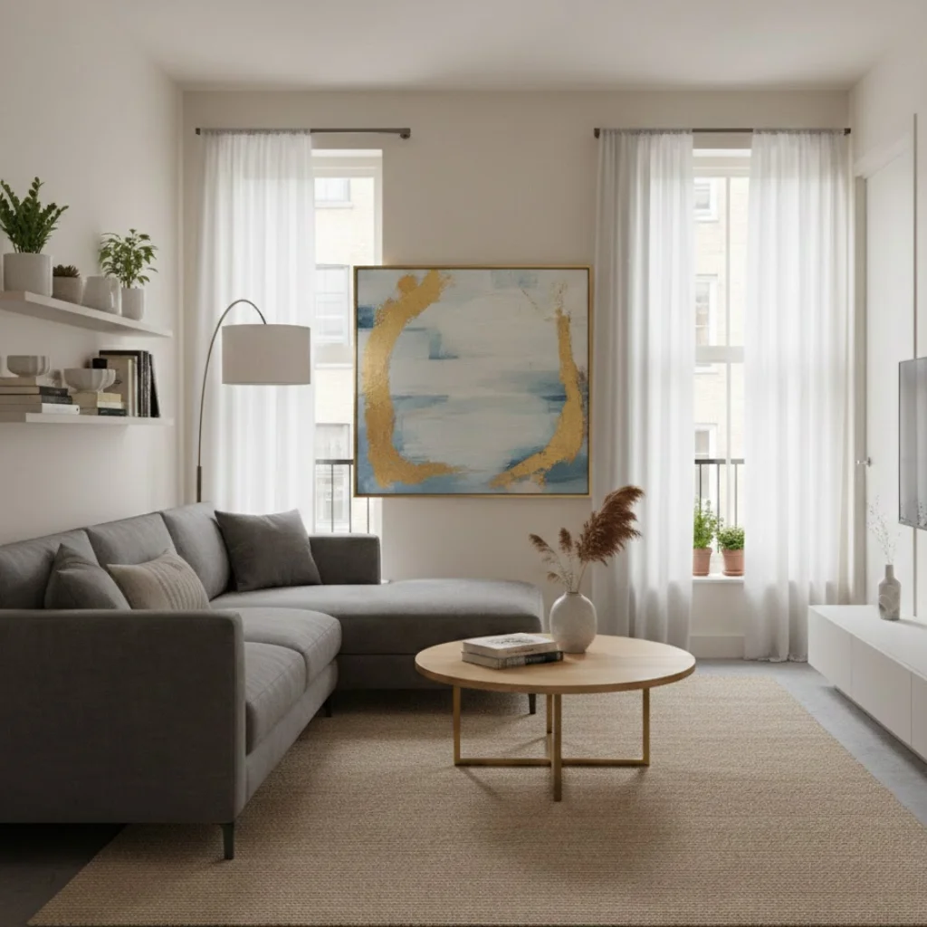 Small living room decor with minimalist and well-edited styling