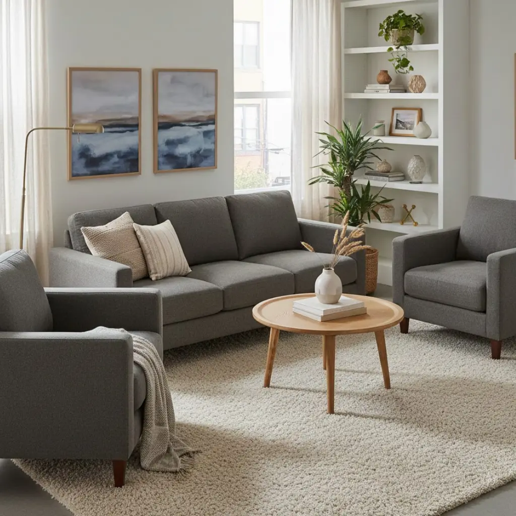 Small living room decor with the right rug size to visually expand the space