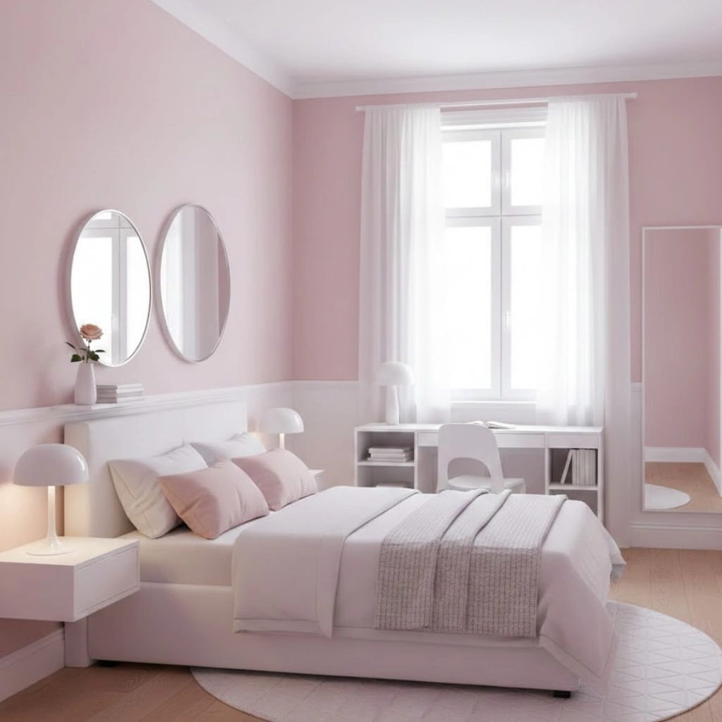 Small white and pink bedroom with light colors and space-saving furniture