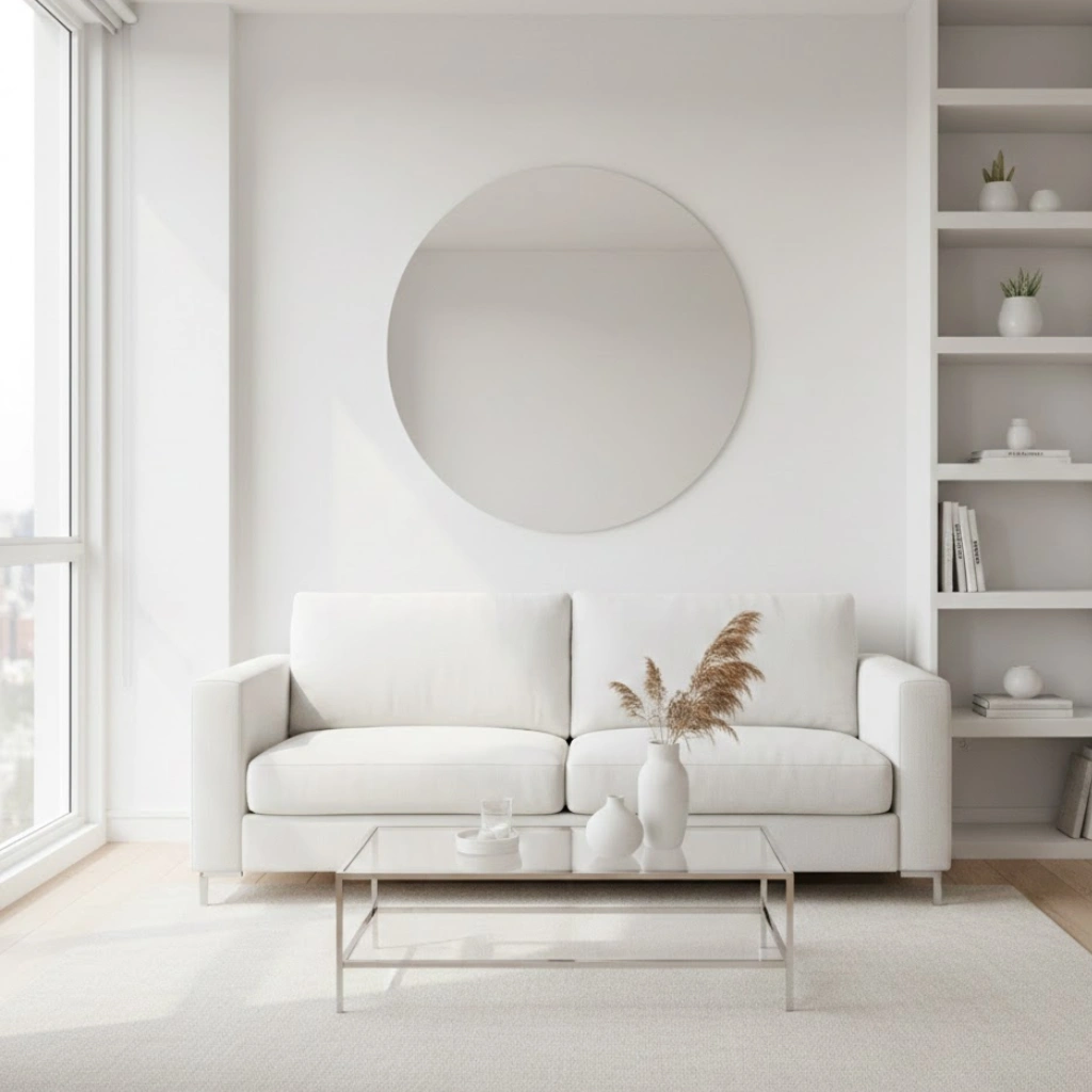 Small white living room designed to maximize space in a modern apartment.