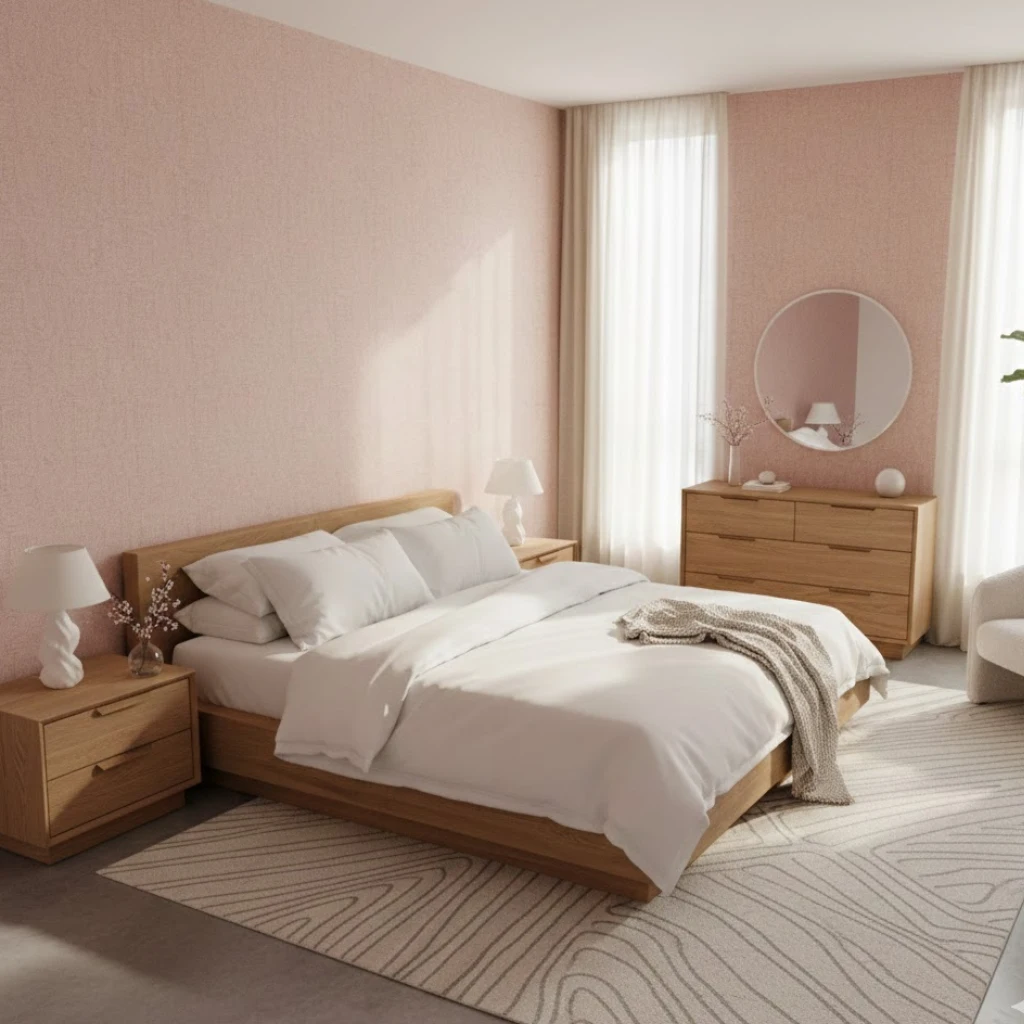 Soft blush pink wallpaper ideas creating an elegant and calming bedroom interior.