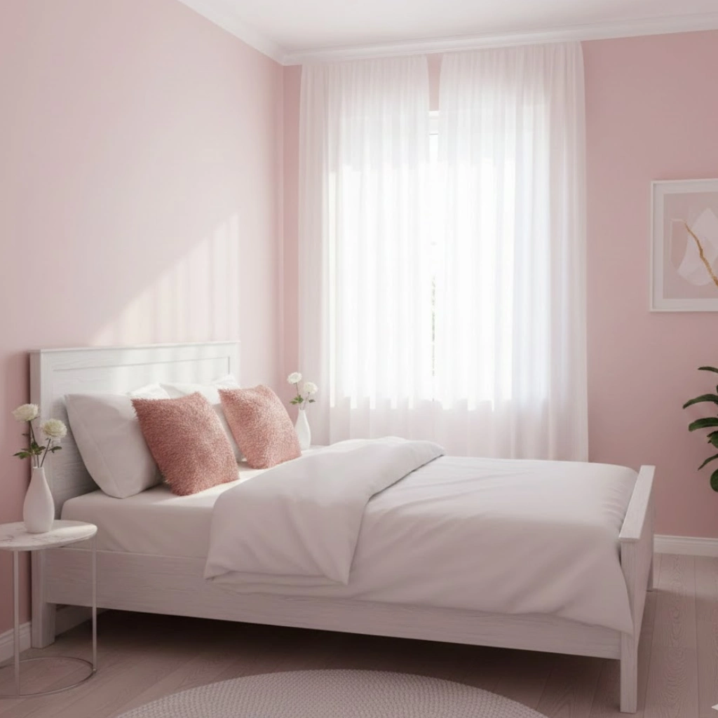 Soft blush pink walls in an aesthetic pink and white bedroom with white furniture and natural light