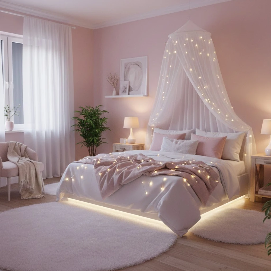 Soft lighting enhancing a white and pink bedroom aesthetic with cozy vibes