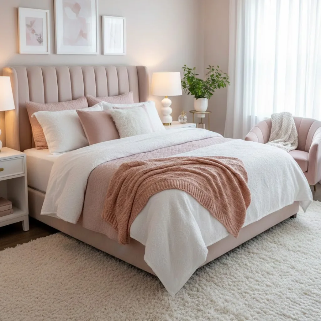 Soft rugs and textures in a bedroom aesthetic pink and white design