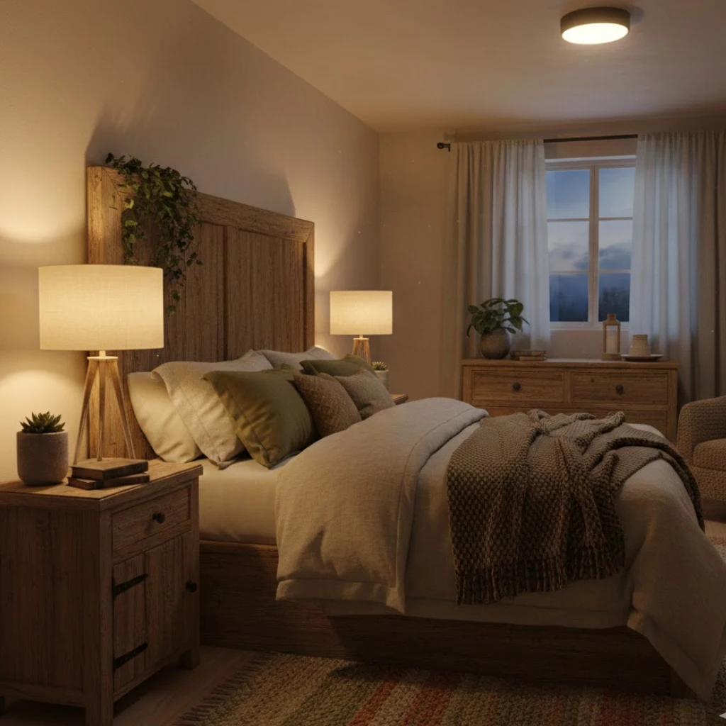 Soft warm lighting in an earthy cottage bedroom
