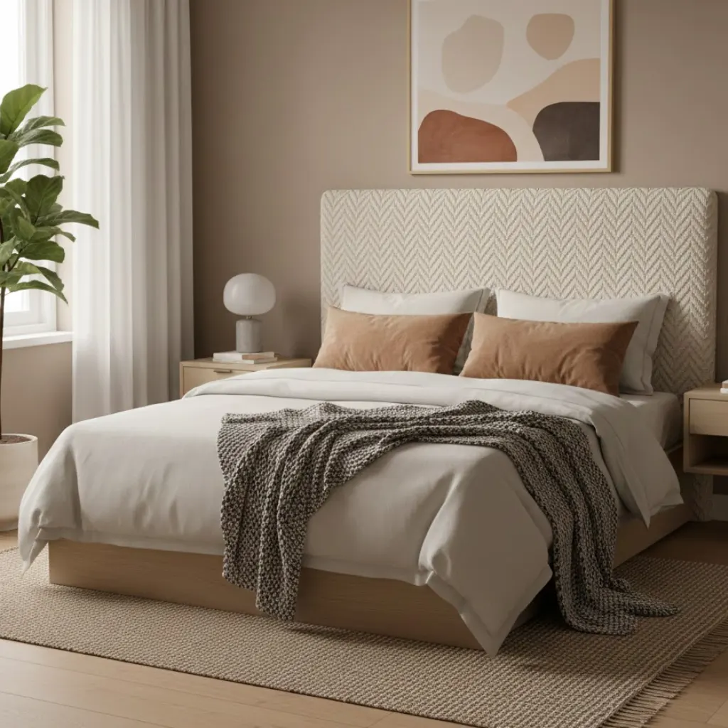 Statement headboard in a cozy small bedroom