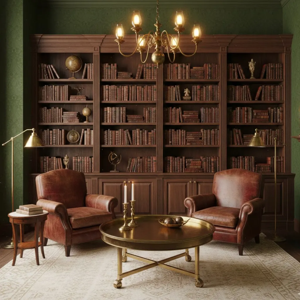 Study with forest green wallpaper, dark wood shelves, and leather chairs, creating a cozy and sophisticated home library