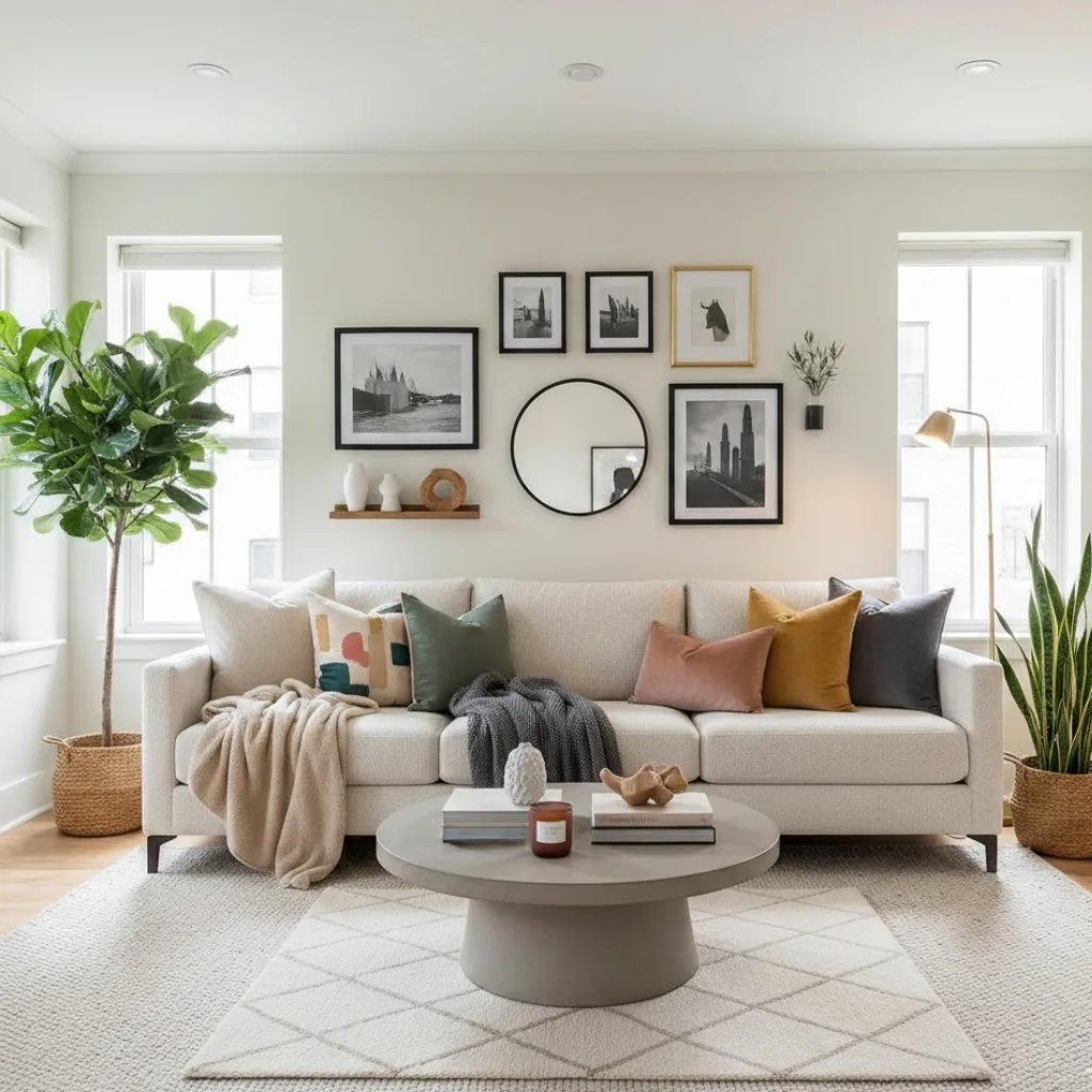 Stylish and cozy chic living room with neutral sofa, colorful accent pillows, layered rugs, indoor plants, and gallery wall art.