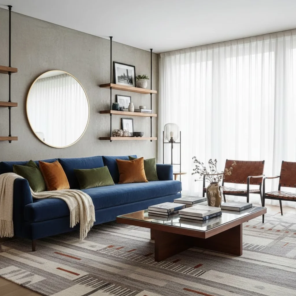 Stylish modern living room featuring a mix of textures like wood, metal, and soft textiles