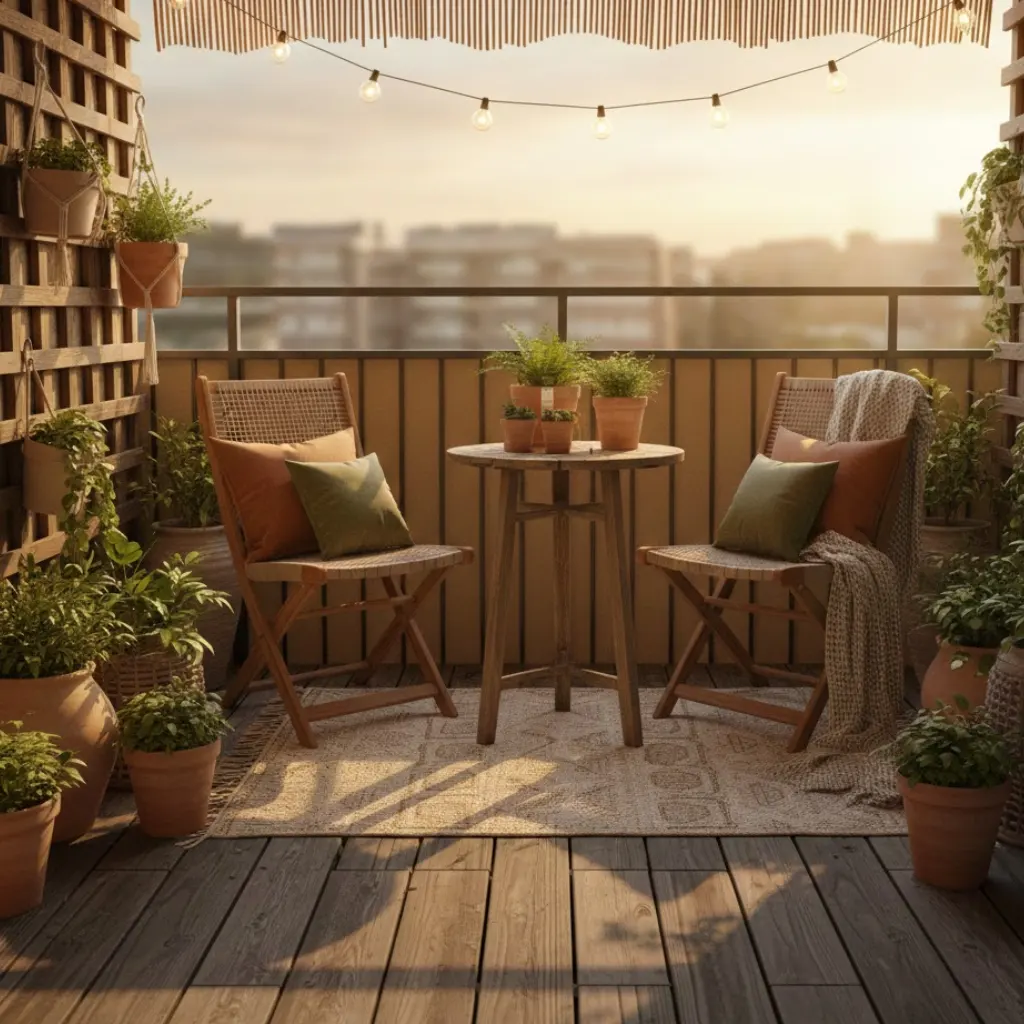 Terrace ideas small balcony design wood with natural textures and wooden furniture