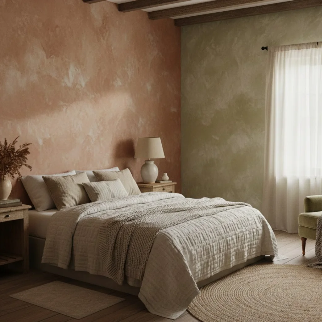 Textured walls in an earthy cottage bedroom interior