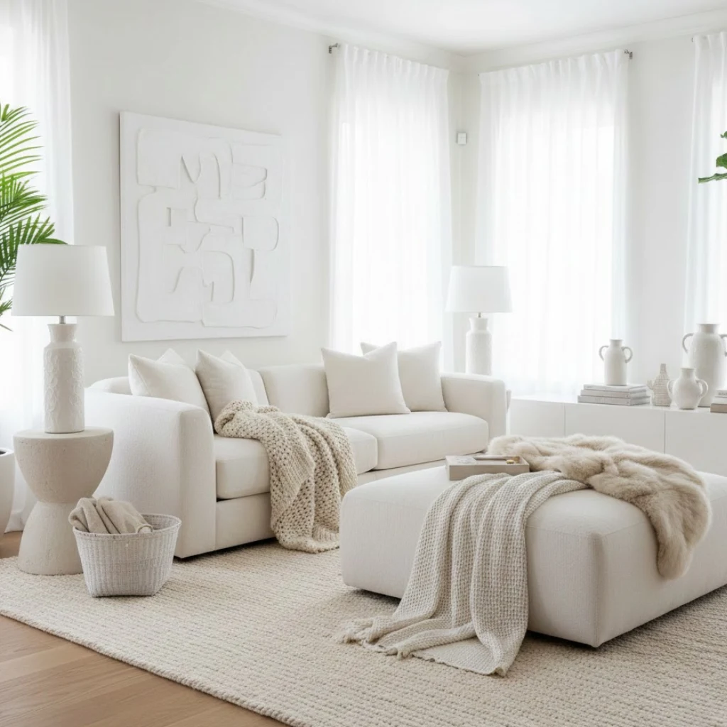 Timeless all-white living room with layered textures and classic design.