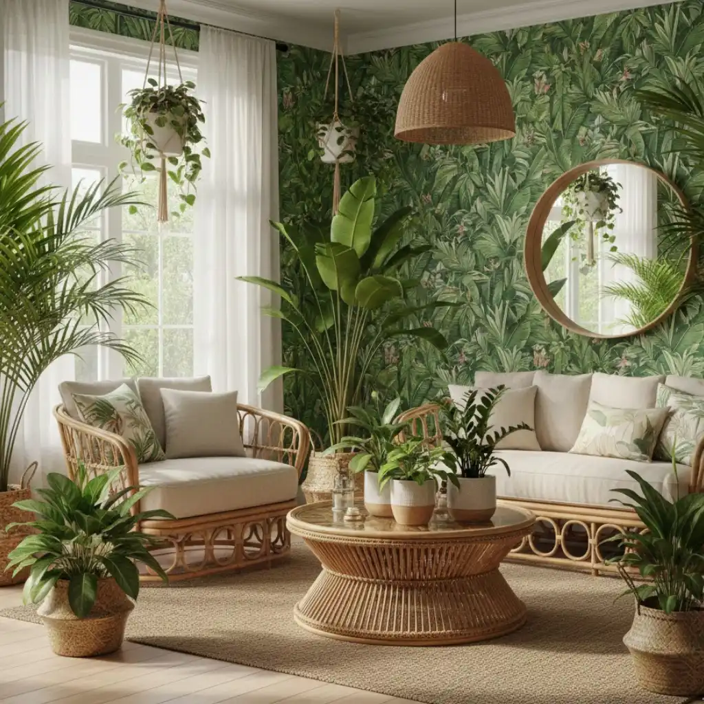 Tropical room with botanical green wallpaper, rattan furniture, and indoor plants, creating a fresh and nature-inspired interior