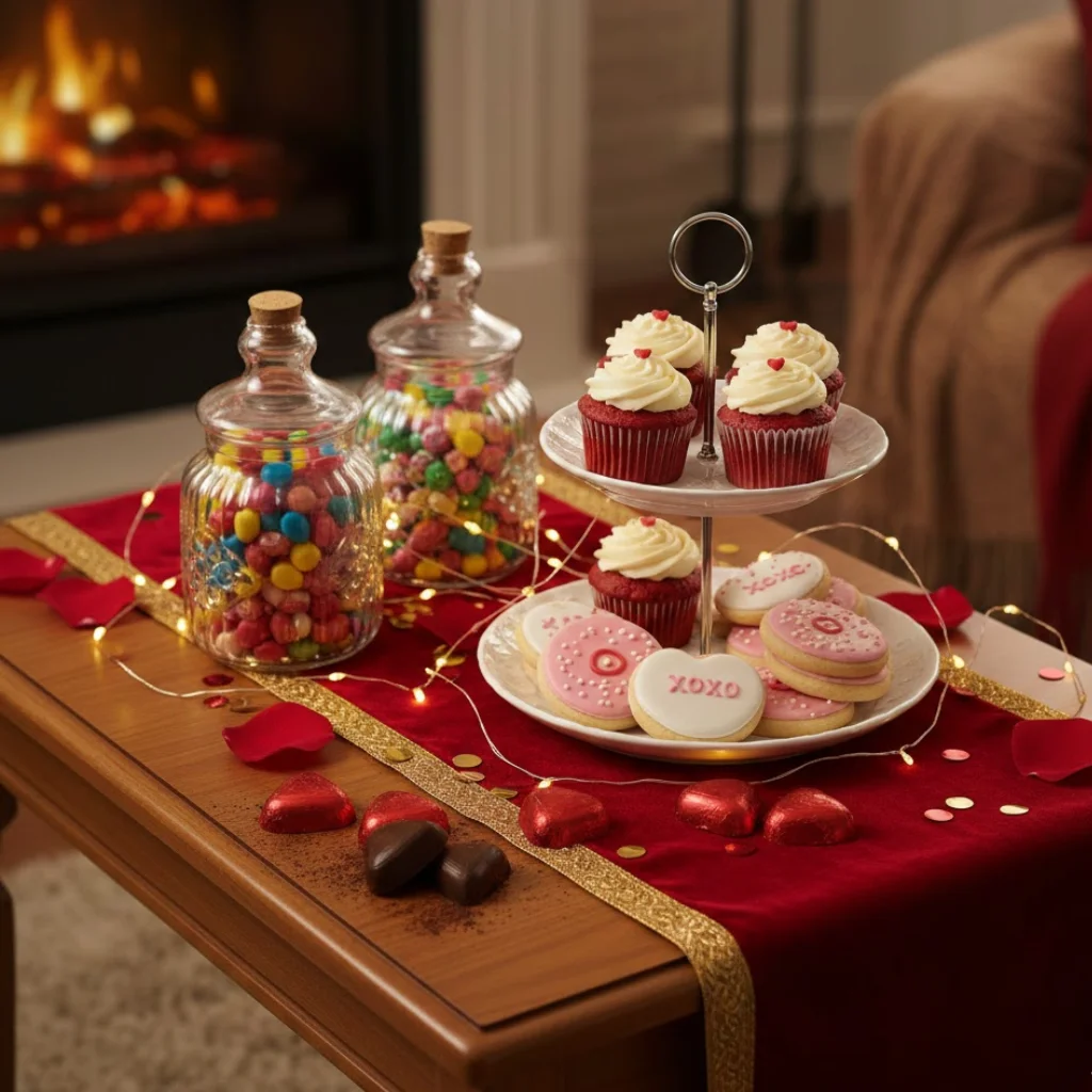 Valentine’s Day dessert corner with cupcakes, chocolates, cookies, and decorative candy jars.