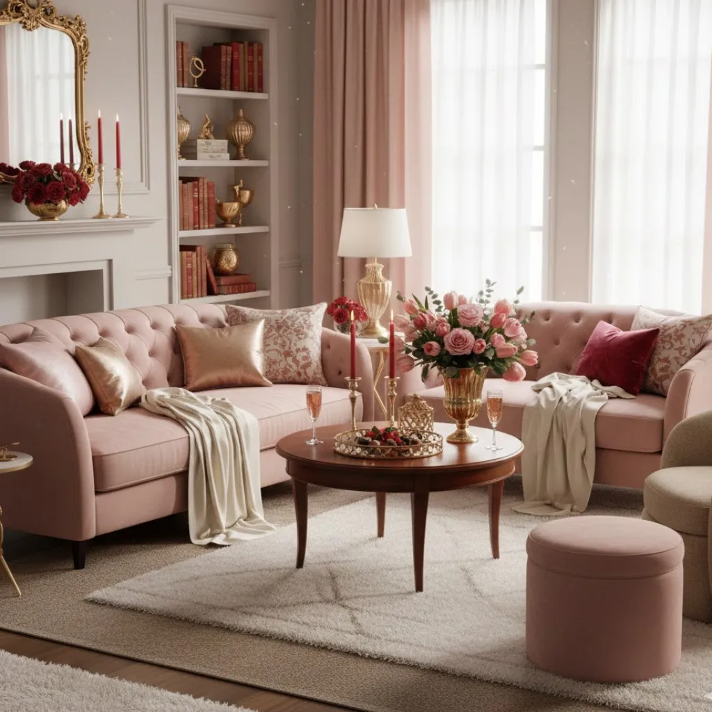 Valentine’s Day living room featuring pastel and bold accent colors with layered cozy textiles